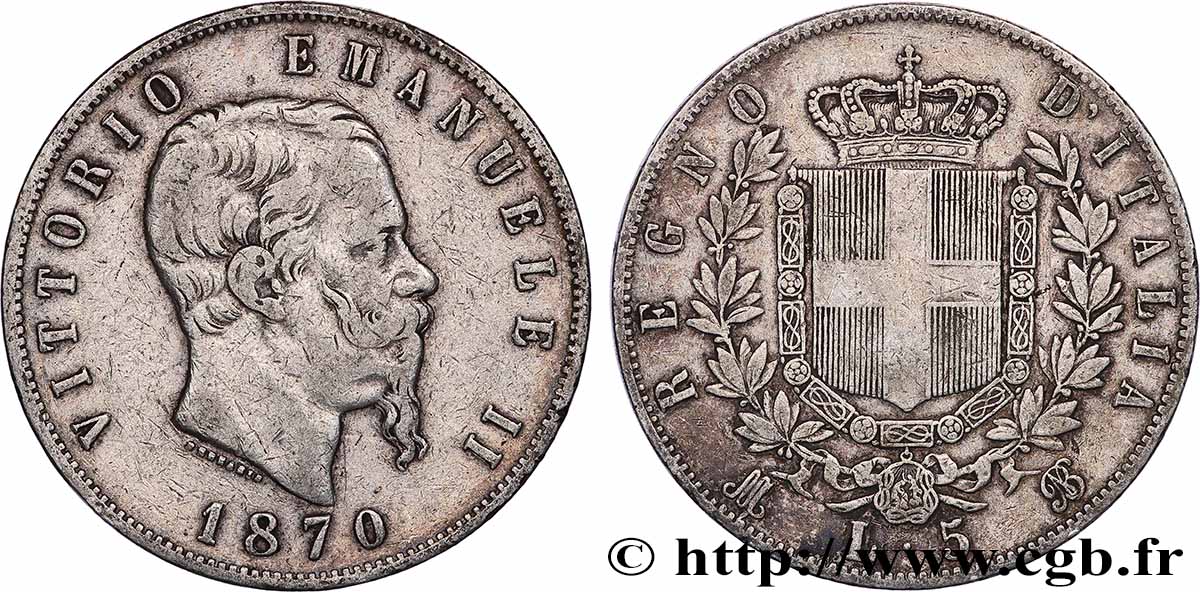 SILVER INVESTMENT 5 Lire Victor Emmanuel II 1870 Milan XF 