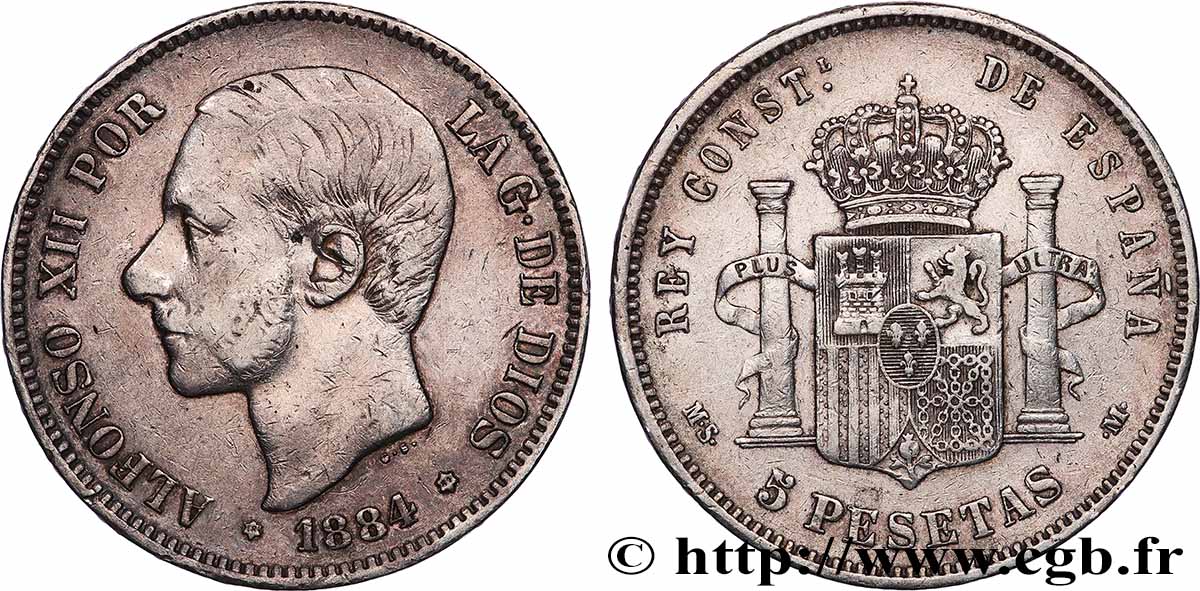 ARGENTO INVESTIMENTO 5 Pesetas Alphonse XII 1884 Madrid BB 