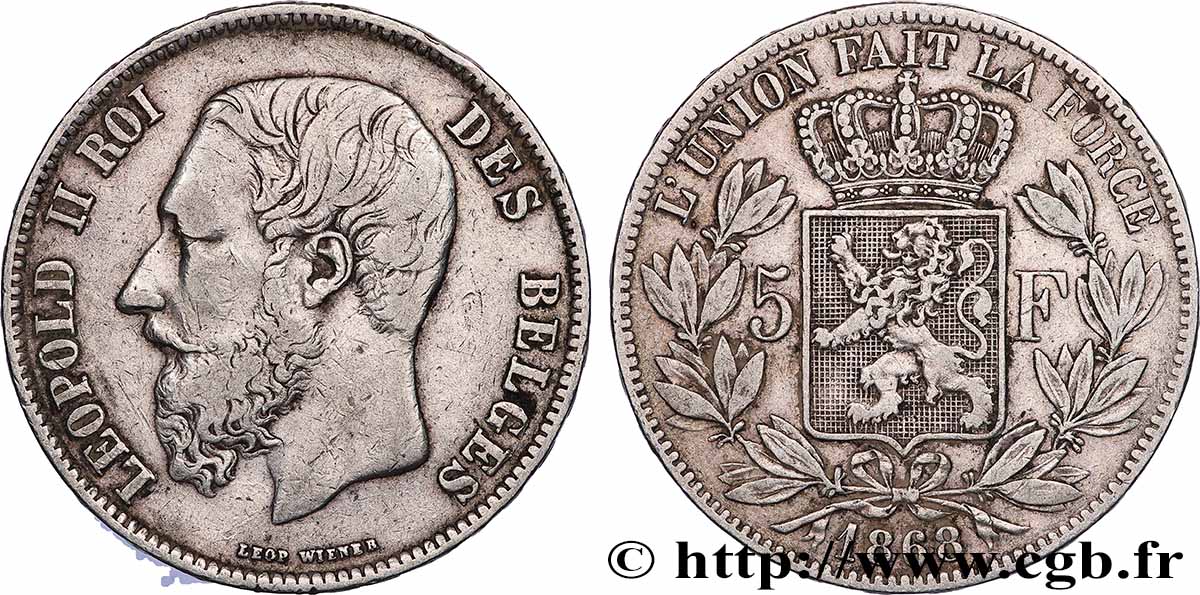 ARGENT D&nbsp;INVESTISSEMENT 5 Francs Léopold II 1868  TTB 