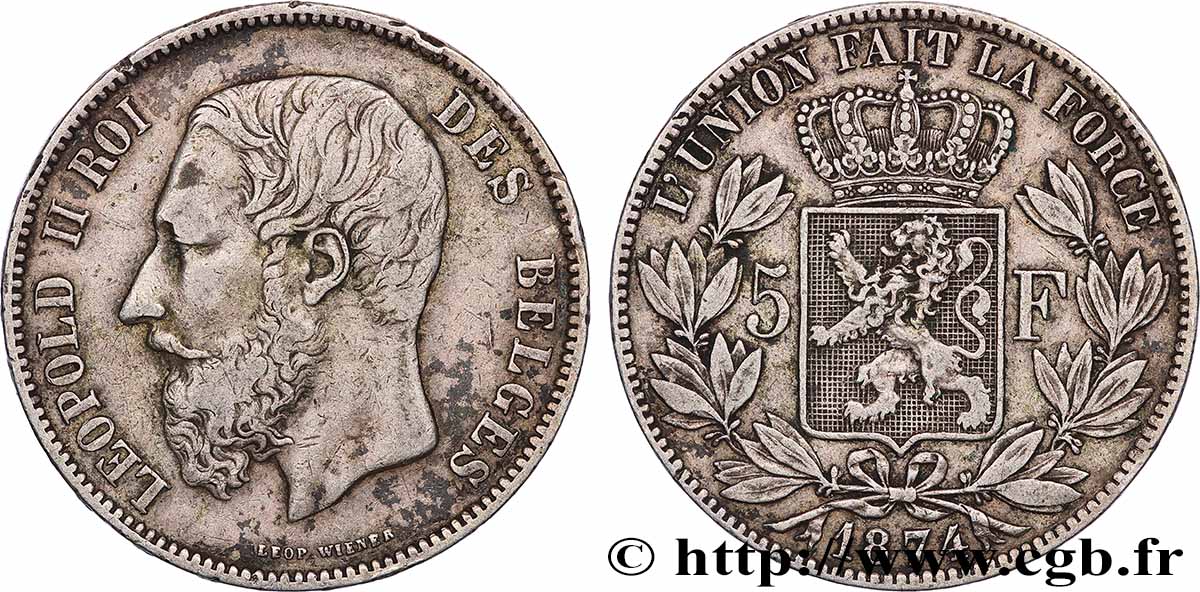 ARGENTO INVESTIMENTO 5 Francs Léopold II  1874  BB 