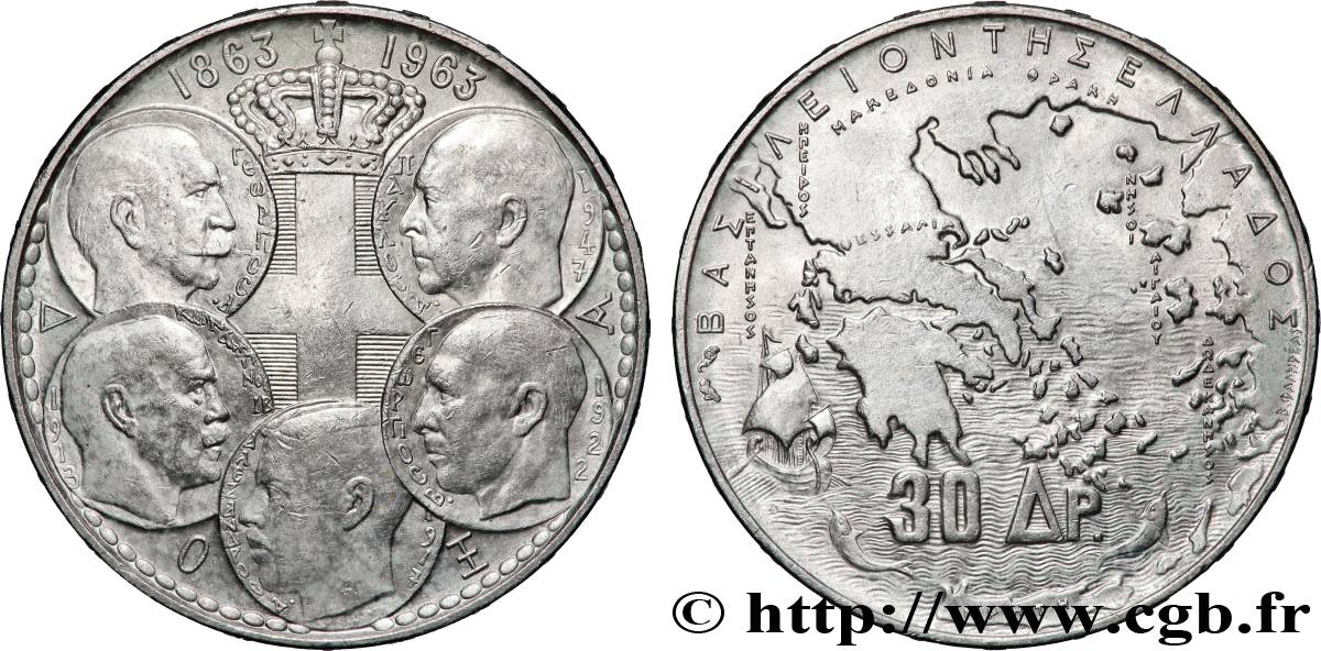 GRÈCE 30 Drachmes Centenaire de la dynastie danoise 1963 Paris TTB+ 