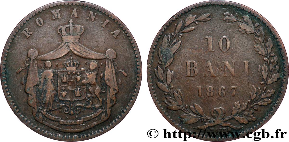ROMANIA 10 Bani armes 1867 Watt & Co VF 