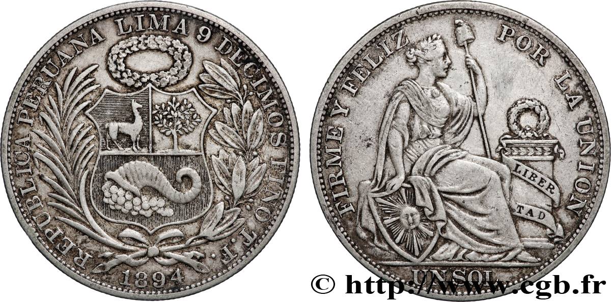 PERU 1 Sol “Liberté” assise 1894 Lima fVZ 