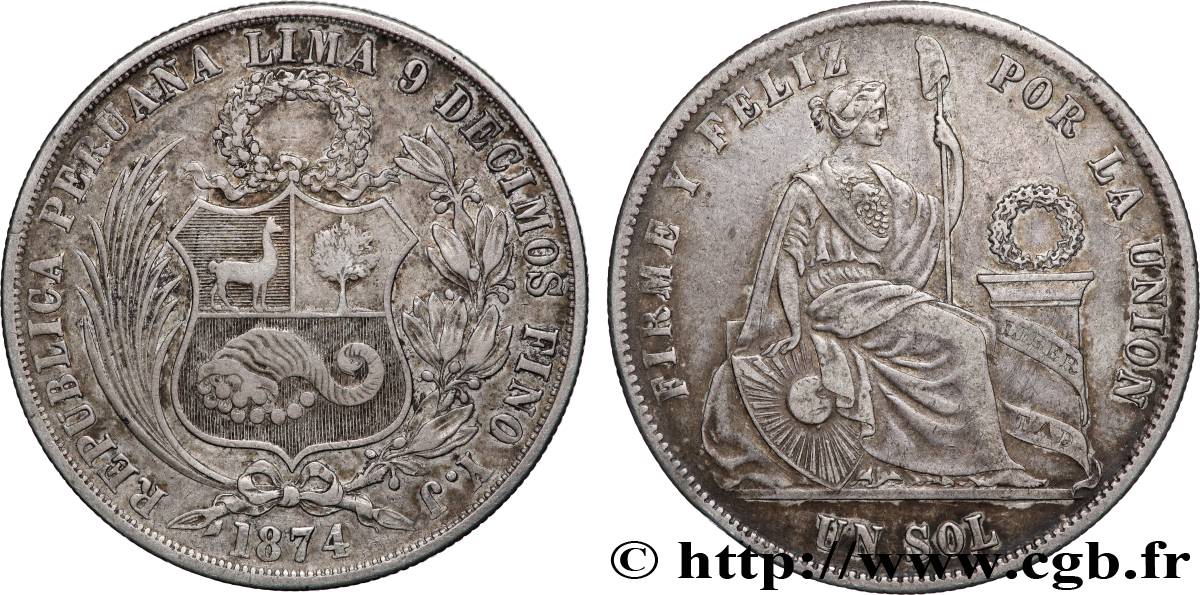 PERU 1 Sol “Liberté” assise 1874 Lima AU 