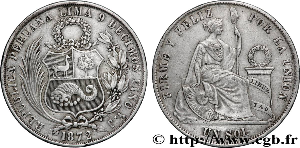 PERU 1 Sol “Liberté” assise 1872 Lima fVZ 