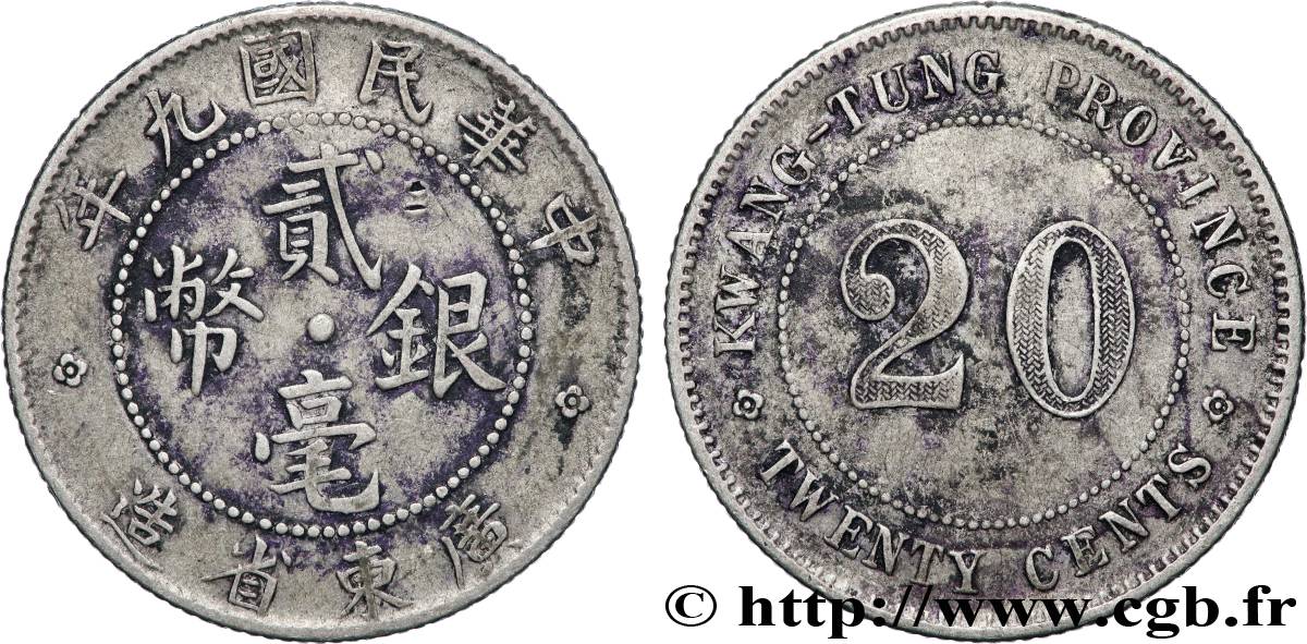 CHINE 20 Cents Province de Kwangtung  an 9 de la République (1920)  TB+ 