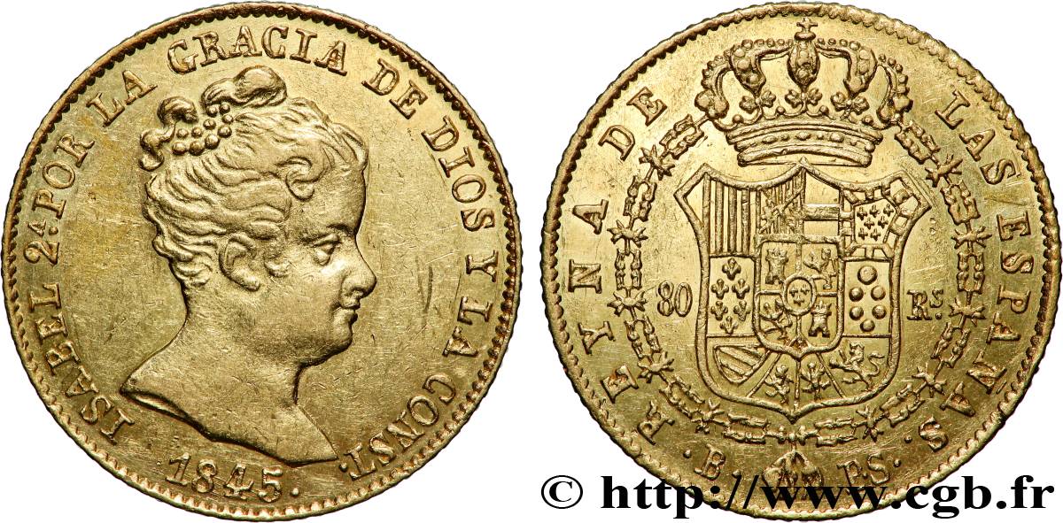 ESPAGNE - ROYAUME D&nbsp;ESPAGNE - ISABELLE II 80 reales 1845 Barcelone VZ 