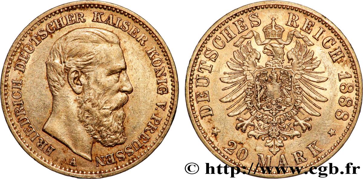 ALLEMAGNE - ROYAUME DE PRUSSE - FRÉDÉRIC III 20 Mark  1888 Berlin fVZ 