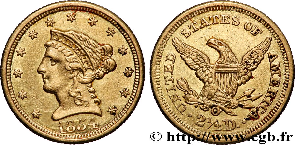 ÉTATS-UNIS D&nbsp;AMÉRIQUE 2 1/2 Dollar “Liberty Head” 1854 Nouvelle Orléans TTB+ 