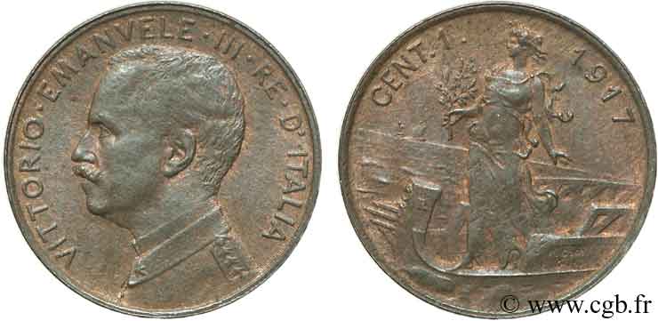 ITALIA 1 Centesimo Victor Emmanuel III 1917 Rome - R SPL 