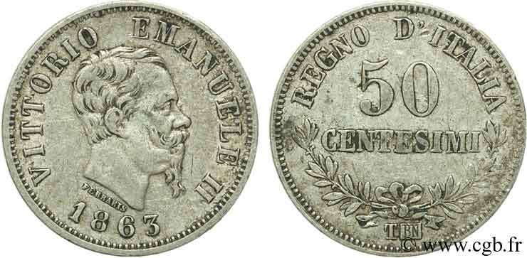 ITALIA 50 Centesimi Victor Emmanuel II 1863 Turin - T MBC 