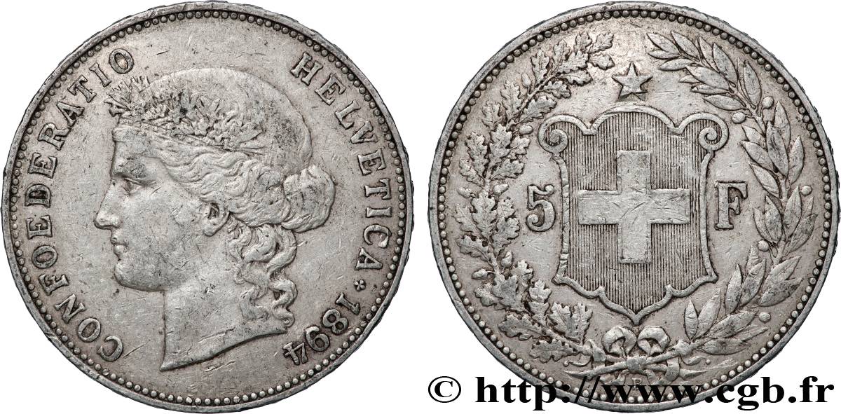 SUISSE 5 Francs Helvetia 1894 Berne TTB 