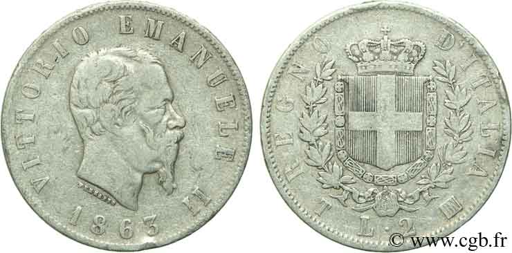 ITALIA 2 Lire Victor Emmanuel II / armes de Savoie 1863 Turin - T MB 