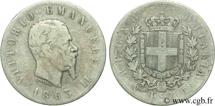 ITALIA 2 Lire Victor Emmanuel II / armes de Savoie 1863 Naples - N MB 