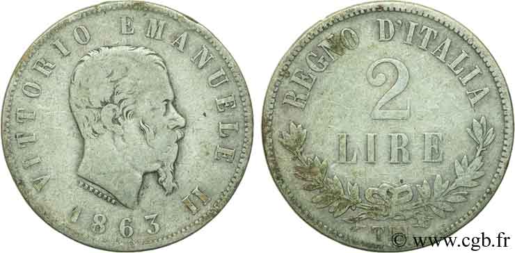 ITALIA 2 Lire Victor Emmanuel II 1863 Naples - N MB 