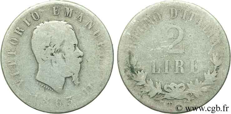 ITALIA 2 Lire Victor Emmanuel II 1863 Turin - T BC 