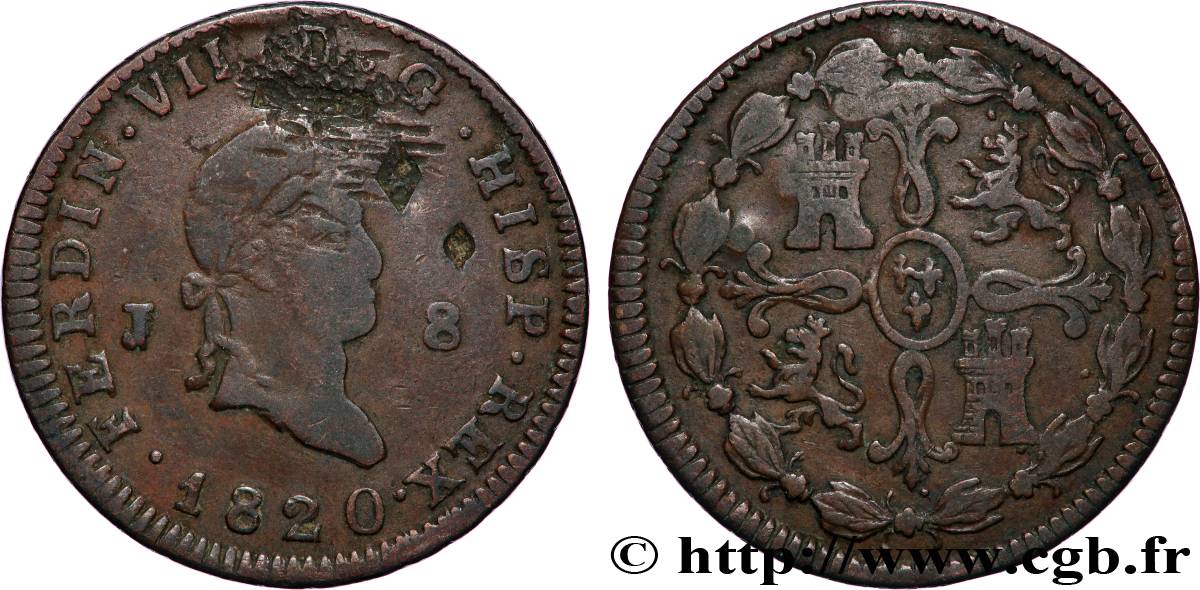 ESPAGNE 8 Maravedis Ferdinand VII 1820 Jubia TB 