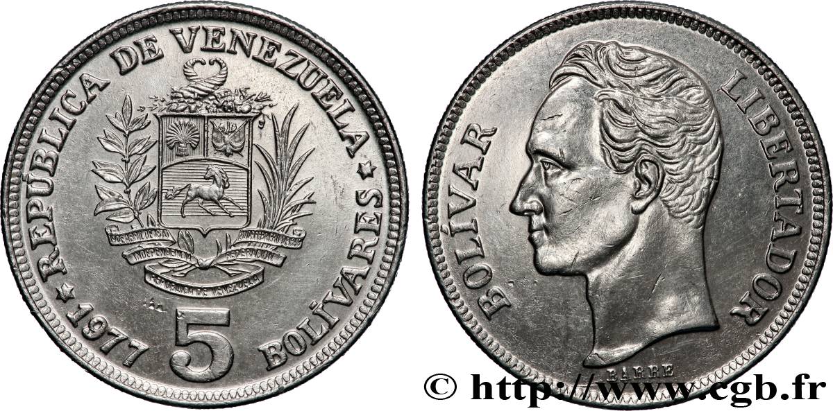 VENEZUELA 5 Bolivares Simon Bolivar 1977 Madrid AU 