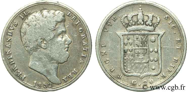 ITALIA - REINO DE LAS DOS SICILIAS 20 Grana Ferdinand II, roi de Naples et Sicile 1852  BC+ 