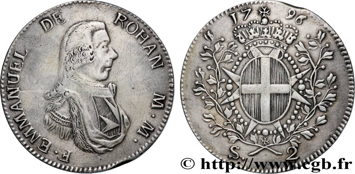MALTA - EMMANUEL DE ROHAN 2 Scudi 1796 La Valette XF 
