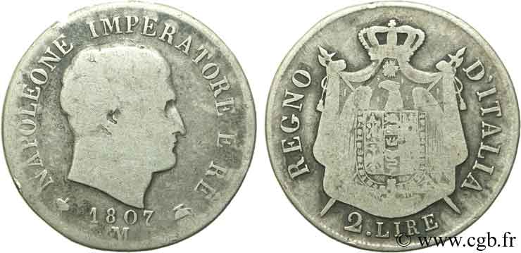 ITALY - KINGDOM OF ITALY - NAPOLEON I 2 Lire Napoléon Empereur et Roi d’Italie tranche en relief 1807 Milan - M VF 