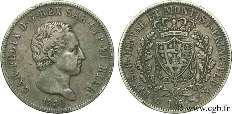 ITALY - KINGDOM OF SARDINIA 5 Lire Charles Félix, roi de Sardaigne 1830 Turin XF 