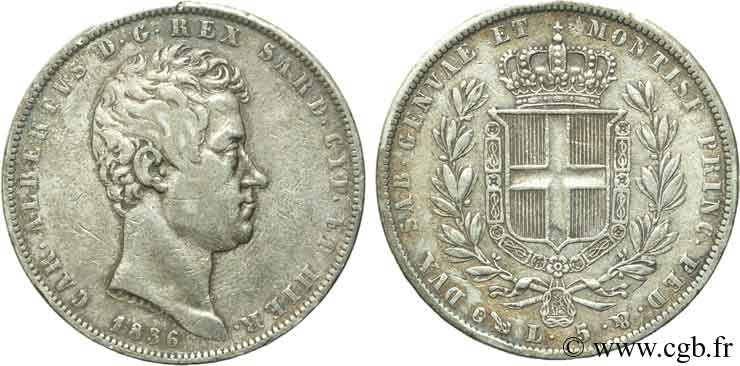 ITALY - KINGDOM OF SARDINIA 5 Lire Charles Albert 1836 Gênes XF 