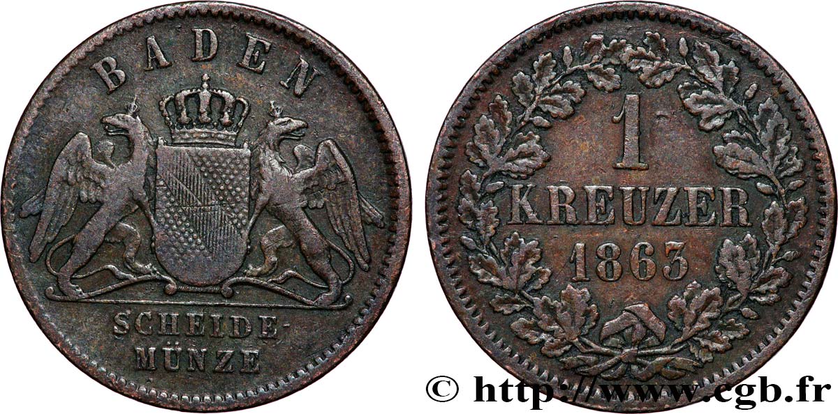 GERMANY - BADEN 1 Kreuzer Grand-Duché de Bade 1863  XF 