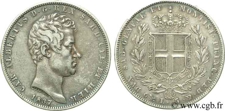 ITALY - KINGDOM OF SARDINIA 5 Lire Charles Albert, roi de Sardaigne 1837 Gênes XF 