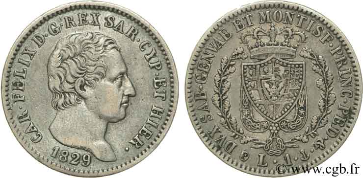 ITALIA - REGNO DE SARDINIA 1 Lire Charles Félix, roi de Sardaigne 1829 Gênes q.SPL 
