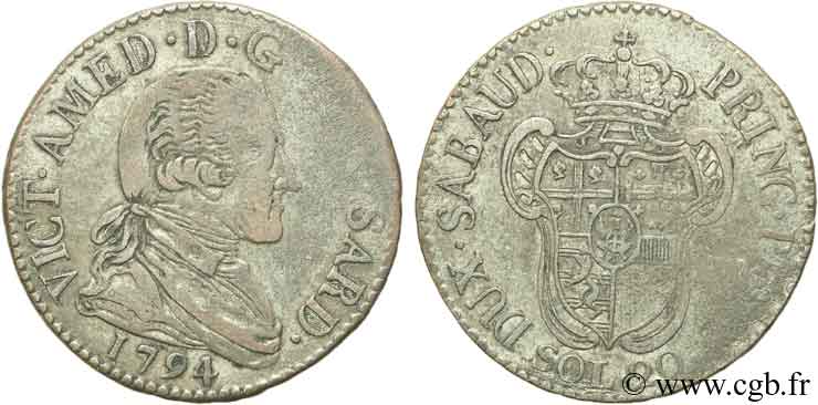ITALY - KINGDOM OF SARDINIA 20 Soldi Victor Emmanuel, Roi de Sardaigne 1794 Turin VF 