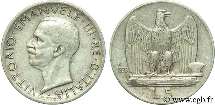 ITALY 5 Lire Victor Emmanuel III 1929 Rome - R XF 
