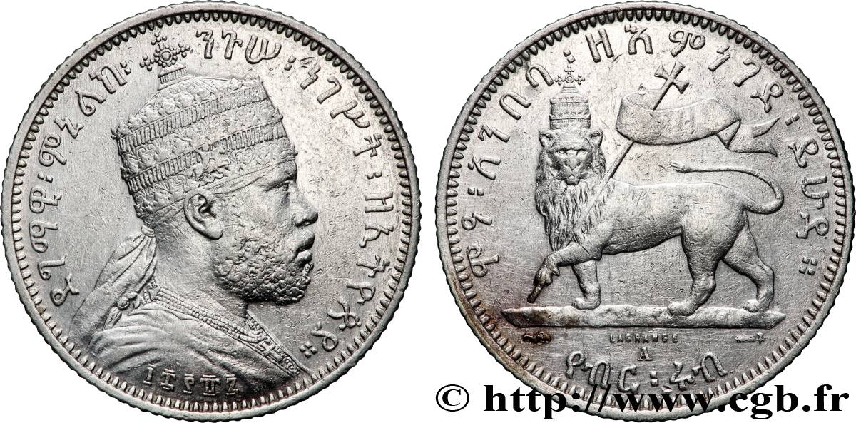 ETHIOPIA 1/4 Birr roi Menelik II EE1889 1897 Paris XF 