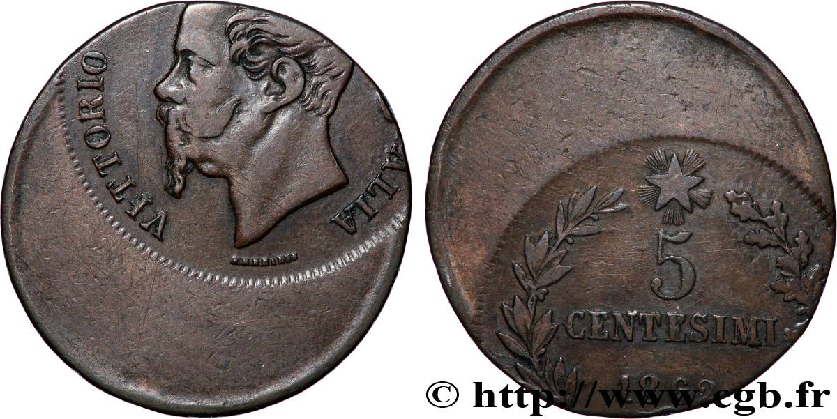 ITALIE - VICTOR EMMANUEL II 5 centesimi, frappe décentrée 1862  fSS 