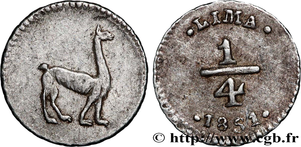 PÉROU 1/4 Real Lama 1851 Lima TTB+ 