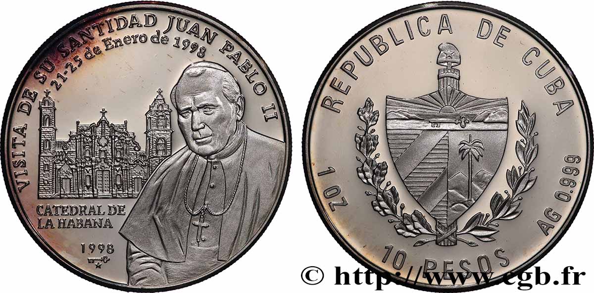 CUBA 10 Pesos Proof Visite de Jean-Paul II 1998 La Havane MS 