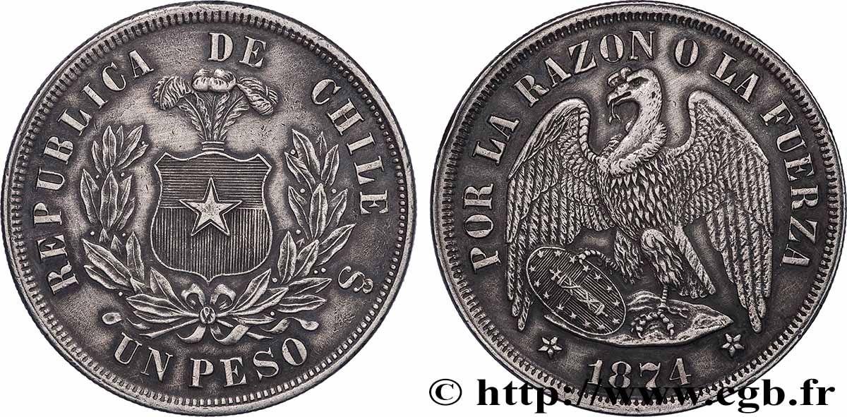 CILE 1 Peso condor 1874 Santiago  q.SPL 