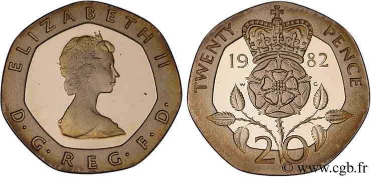 VEREINIGTEN KÖNIGREICH Piéfort 20 pence BE Elisabeth II / emblème à la rose 1982  ST 