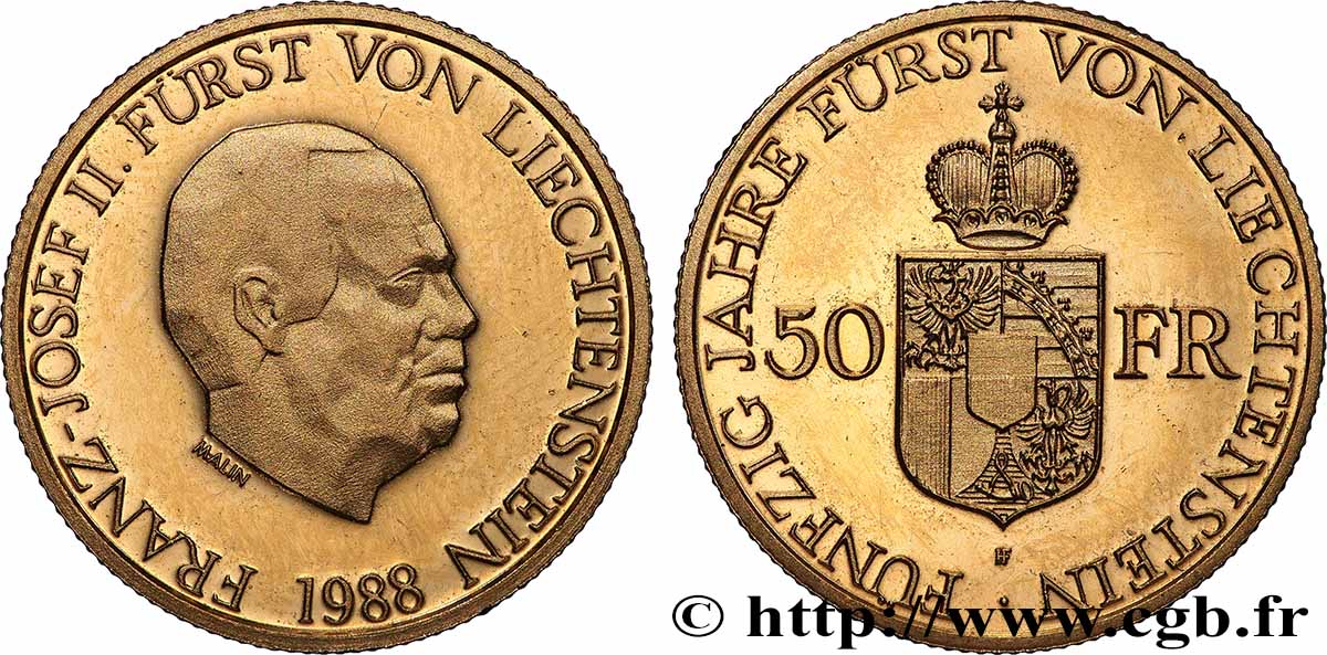 LIECHTENSTEIN - PRINCIPAUTÉ DE LIECHTENSTEIN - FRANÇOIS JOSEPH II 50 Franken Proof Jubilé d’or de François Joseph II 1988  VZ 