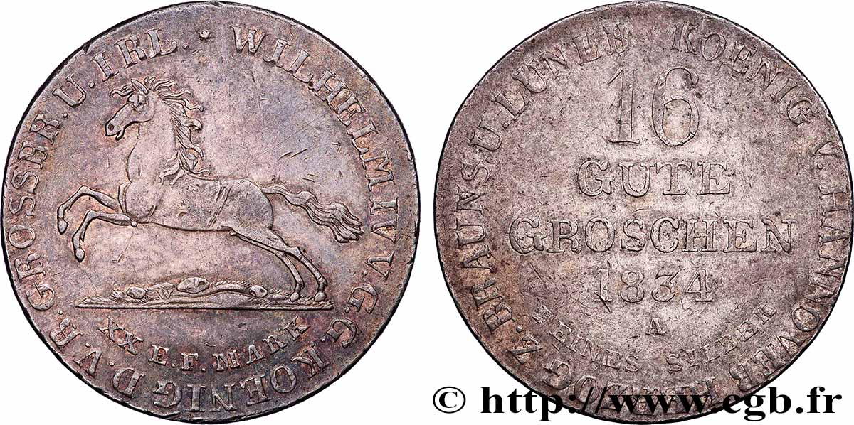 GERMANY - KINGDOM OF HANOVER - WILLIAM IV 16 Gute Groschen 1834 Hanovre AU 