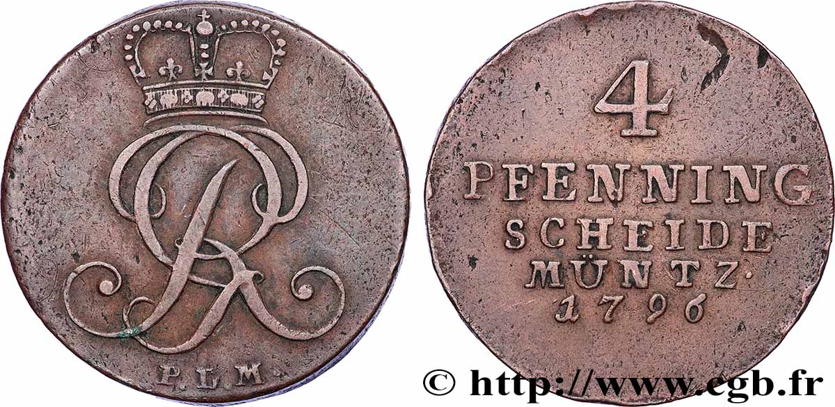 GERMANY - DUCHY OF BRUNSWICK AND LUNENBURG - GEORGE III OF GREAT BRITAIN 4 Pfenning 1796 Clausthal XF 