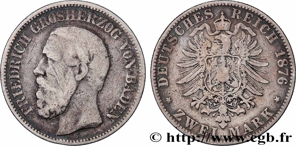 ALLEMAGNE - BADE 2 Mark Frédéric 1876 Karlsruhe TB 