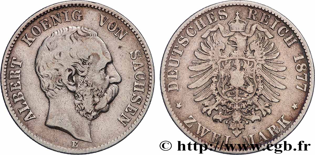 ALLEMAGNE - SAXE 2 Mark - Royaume de Saxe Albert 1877 Dresde - E TB+ 