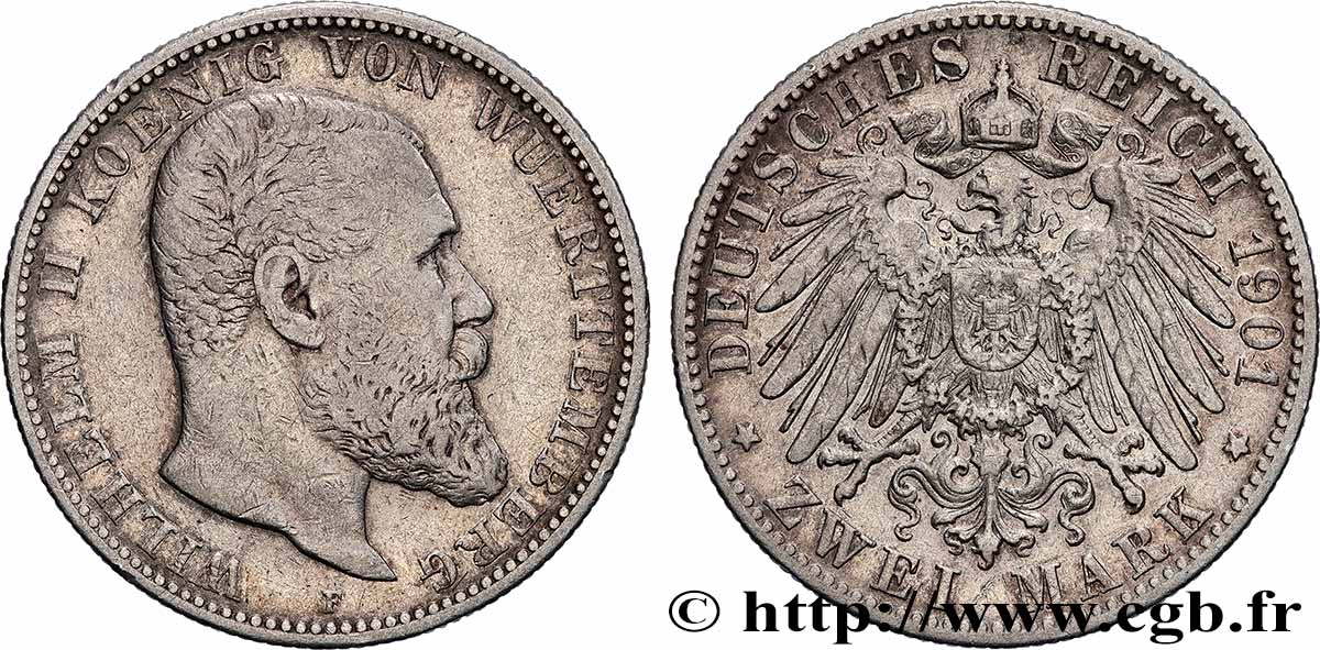 ALLEMAGNE - WURTEMBERG 2 Mark Guillaume II 1901 Stuttgart - F TB+ 