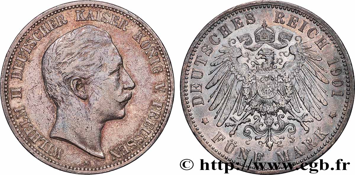 GERMANY - KINGDOM OF PRUSSIA - WILLIAM II 5 Mark  1901 Berlin XF 