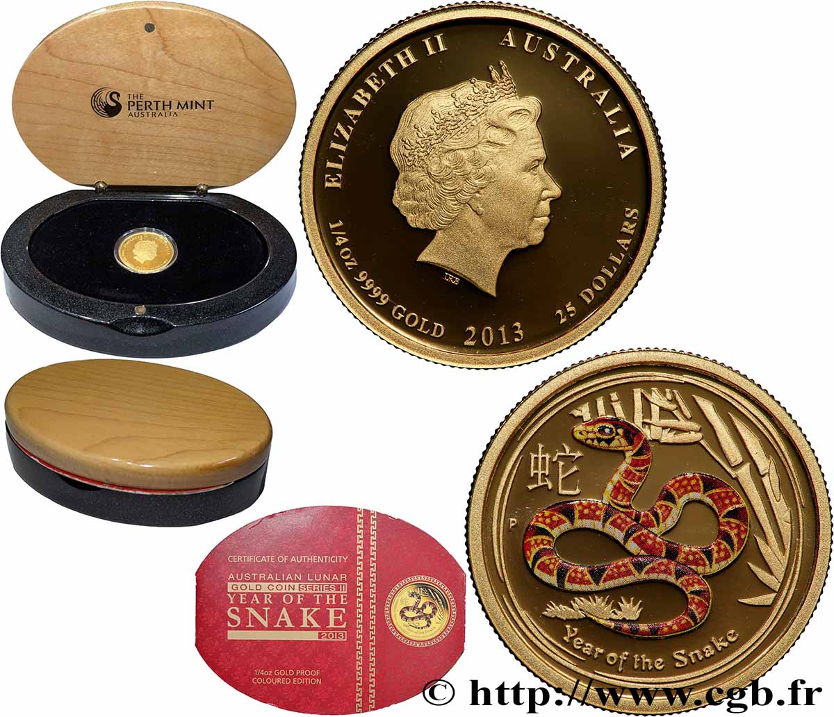 AUSTRALIE 25 Dollars (1/4 oz or) Année du Serpent 2013 Perth FDC 