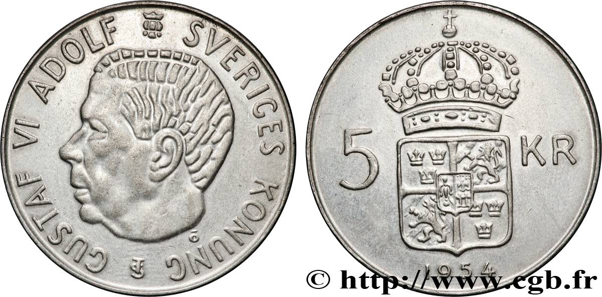 SUÈDE 5 Kronor Gustave VI Adolphe 1954  SUP 