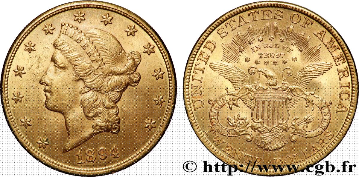 GOLD, PALLADIUM & PLATINUM INVESTMENT 20 Dollars &nbsp;Liberty&nbsp; 1894 Philadelphie AU 