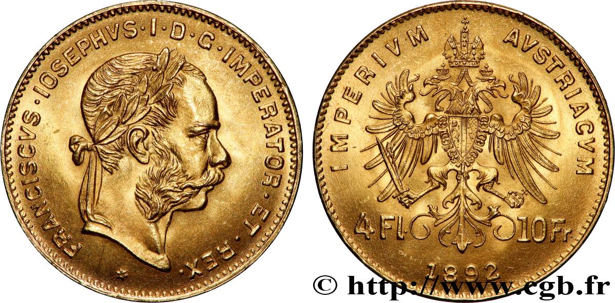 GOLD, PALLADIUM & PLATINUM INVESTMENT 4 Florins ou 10 Francs François-Joseph Ier 1892 Vienne MS 