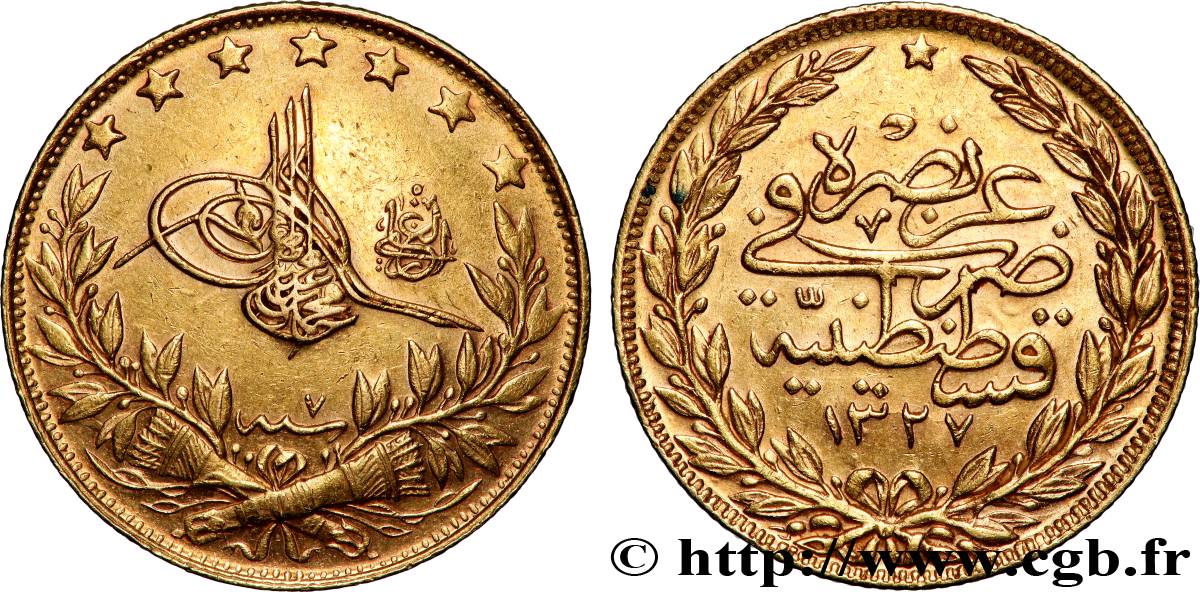 GOLD, PALLADIUM & PLATINUM INVESTMENT 100 Kurush Sultan Mohammed V Resat AH 1327 An 7 (1909) Constantinople AU 
